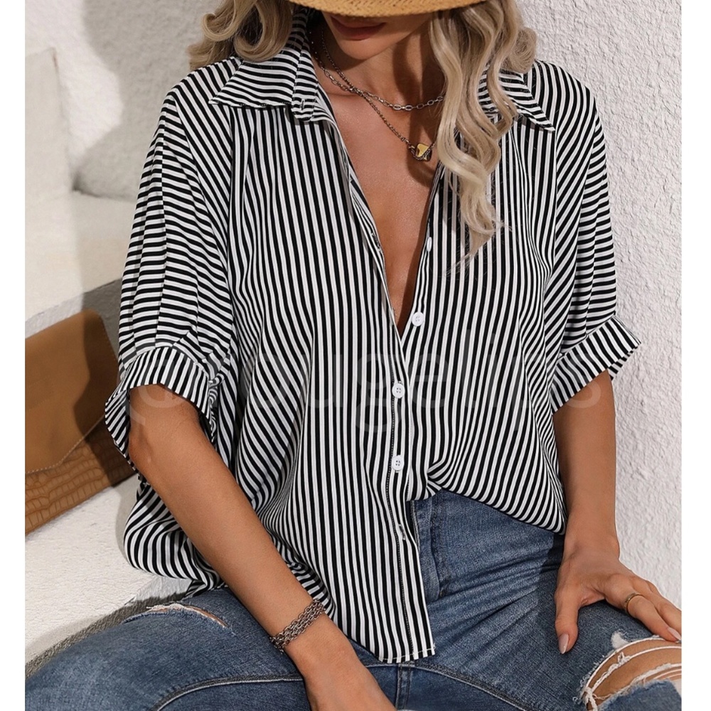 Striped Black White Button Up Front Shirt Oversized Batwing Half Sleeve V-Neck